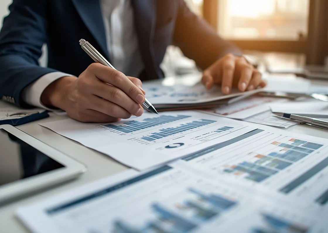An adviser working through payroll reports and figures at a desk