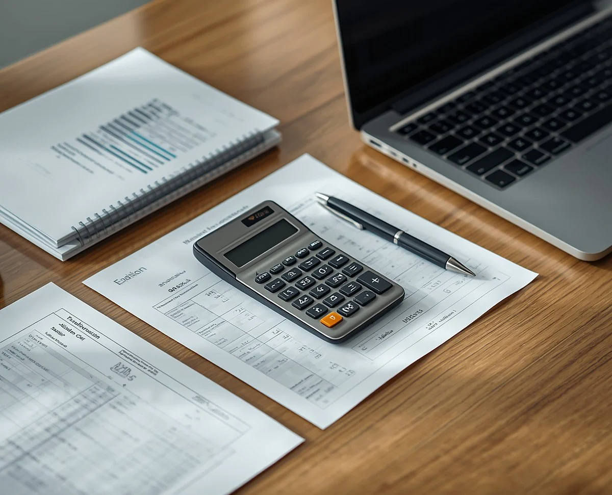 A calculator, pen and financial statements beside a laptop on a desk