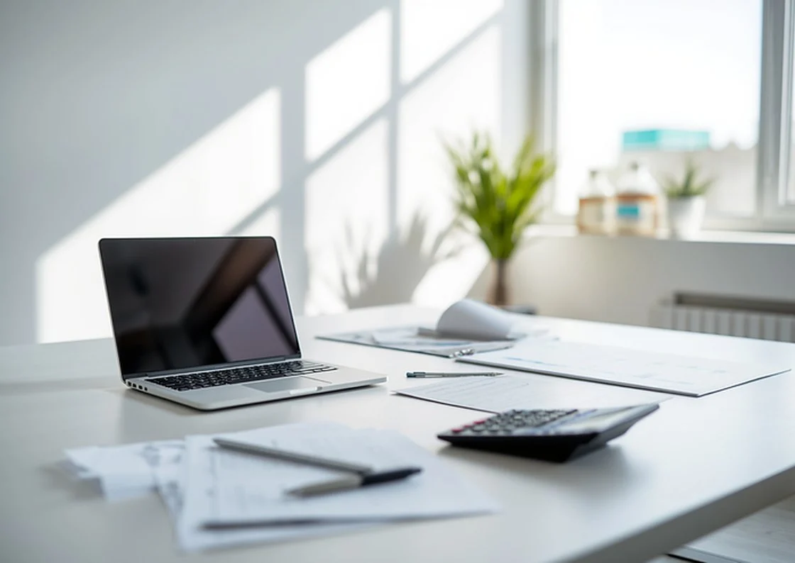 A laptop, calculator and tax paperwork on a bright office desk