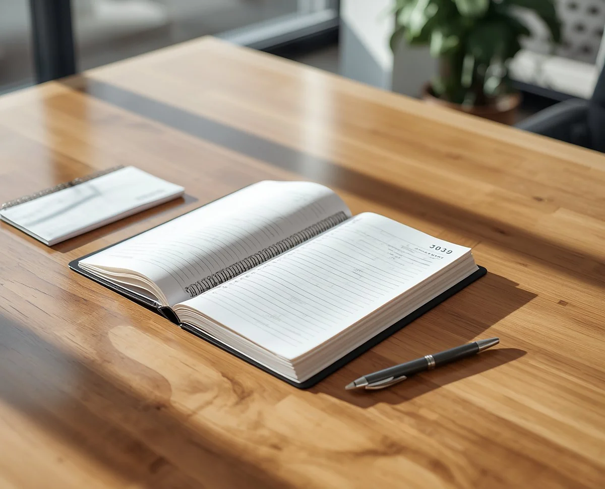 An open ledger and pen on a wooden desk